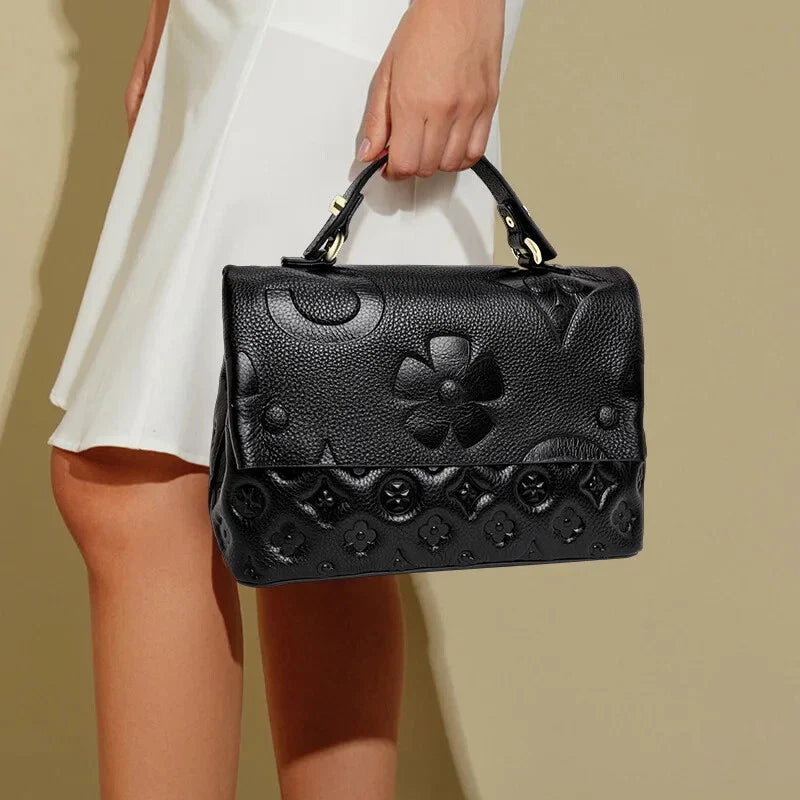 Genuine leather women handbag cowhide briefcase flower design shoulder bag