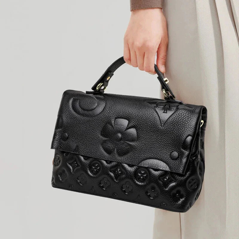 Genuine leather women handbag cowhide briefcase flower design shoulder bag