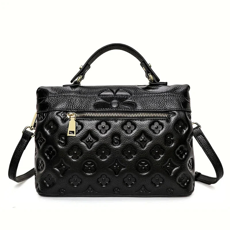 Genuine leather women handbag cowhide briefcase flower design shoulder bag