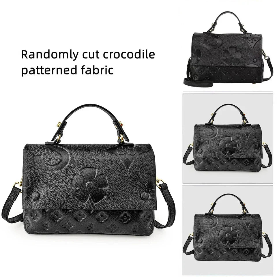 Genuine leather women handbag cowhide briefcase flower design shoulder bag