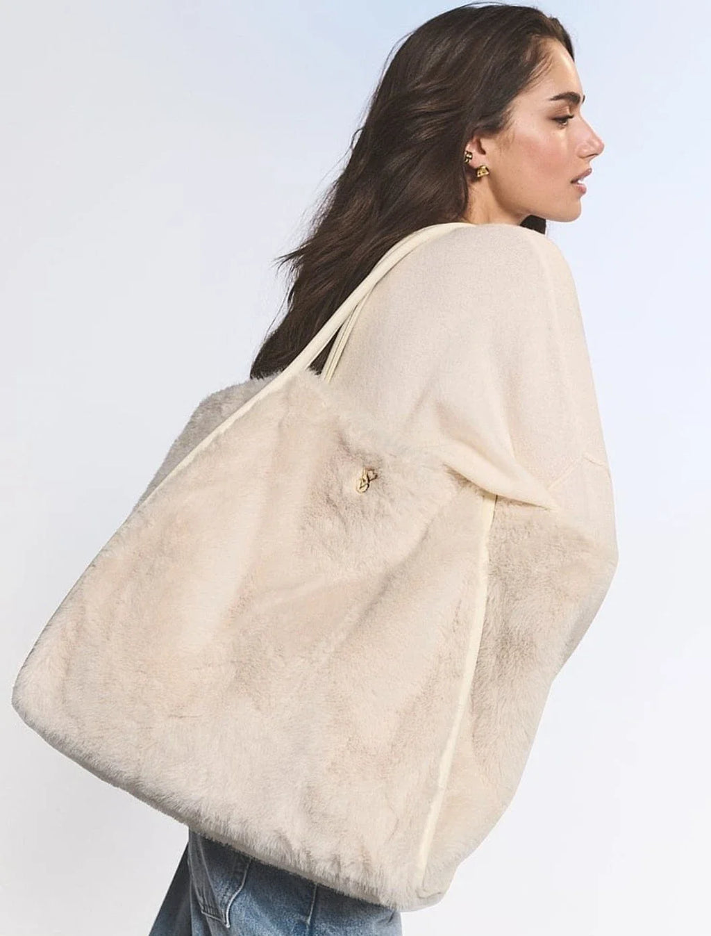SECRET LUXE WHITE FAUX FUR TOTE TRAVEL GYM BAG SNAP CLOSE