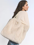 SECRET LUXE WHITE FAUX FUR TOTE TRAVEL GYM BAG SNAP CLOSE
