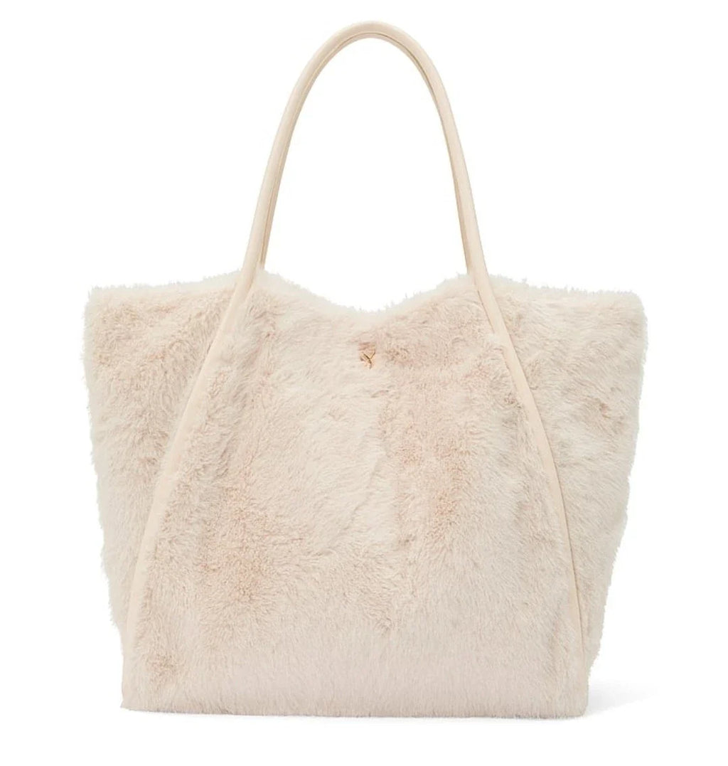 SECRET LUXE WHITE FAUX FUR TOTE TRAVEL GYM BAG SNAP CLOSE