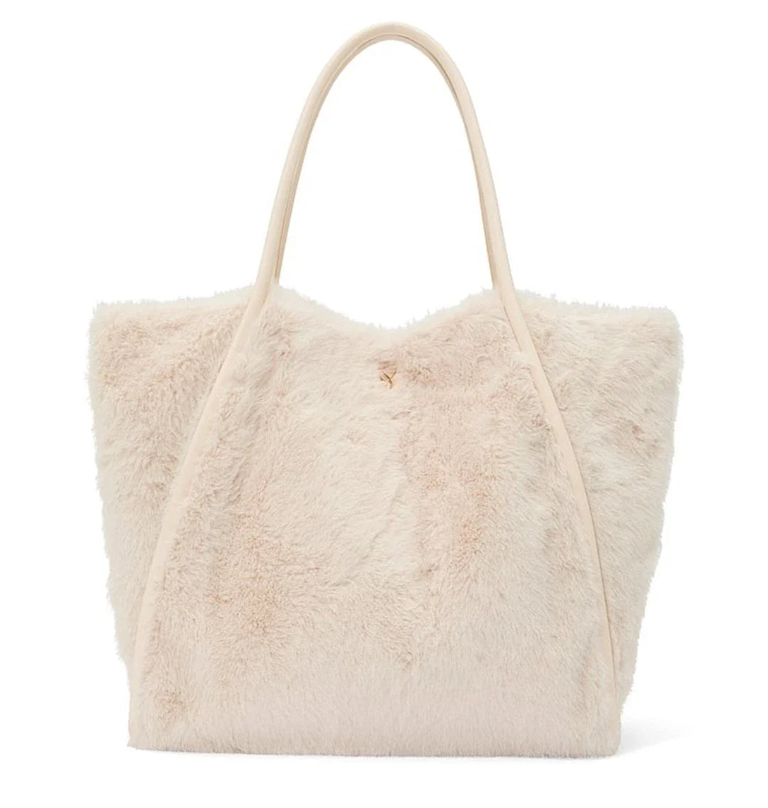 SECRET LUXE WHITE FAUX FUR TOTE TRAVEL GYM BAG SNAP CLOSE